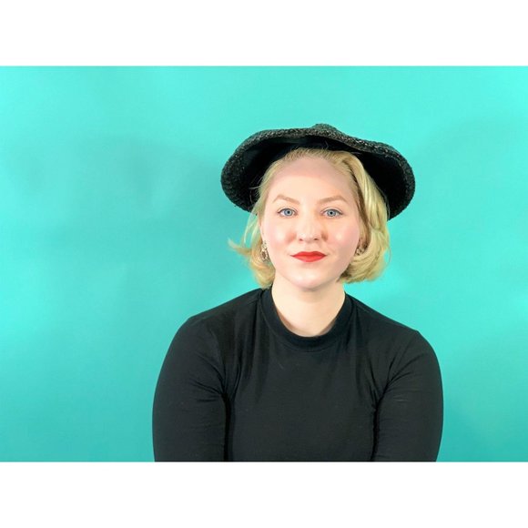 Vintage 1950s Wicker Hat Womens Large Black Sun Velvet Detail - Picture 6 of 11